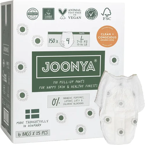 Vista 10 de Joonya Pañales Tipo Calzón para Bebé, Talla 4 L (15-26 lb) - 1 Bolsa de 25 - No Tóxicos, Ecológicos, Ultra Delgados, Uso Nocturno - Fabricados