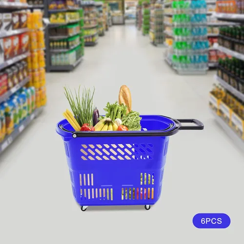 Vista 5 de Carritos de compras de plástico, 6 cestas de compras con ruedas, carrito de compras de 35 l con asas, cesta de compras portátil en supermercados