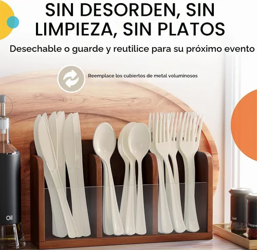 Vista 5 de Party Solids - Cucharas de plástico color marfil, 200 piezas, cucharas de marfil, utensilios desechables, juego de cubiertos de plástico resistente