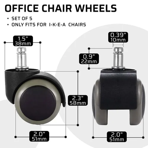 Vista 8 de FOH Juego de 5 ruedas para silla de oficina de 2 pulgadas, vástago de 0.394 in, banda de rodadura de PU