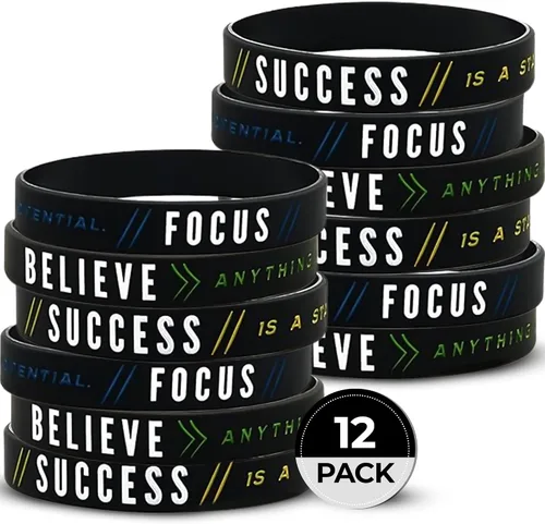 Vista 9 de Inkstone Paquete de 6 pulseras de silicona motivacionales con mensajes inspiradores, éxito, logro, enfoque, pulseras de goma de élite