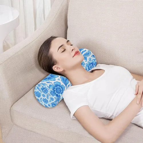 Vista 5 de Blue and White Flower Cervical Roll Pillow, 17" Neck Support Bolster Pillow, Round Pillow for Sleeping Support and Pain Relief, with Removable