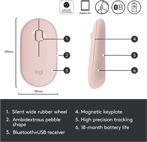 Vista 2 de Logitech Pebble - Ratón inalámbrico con Bluetooth o receptor de 2,4 GHz, rosa rosa