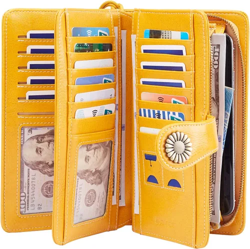 Vista 2 de INSIFEEL Billetera pequeña para mujer bolso compacto de cuero con bloqueo RFID RFID para mujer Amarillo Retro
