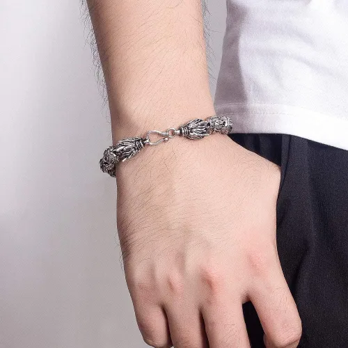 Vista 6 de Dankadi Pulsera de plata vintage para hombre, pulsera creativa de plata de ley 925 con dragón de 0.433 in, cadena de cuentas de 7-8-9-10 pulgadas