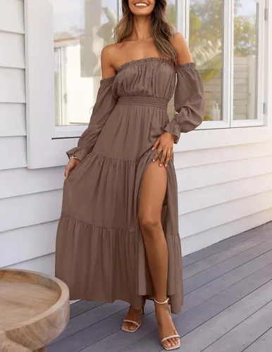 Vista 145 de ZESICA - Vestido largo, bohemio y sexy, con hombros descubiertos y manga larga fruncida, con elástico fruncido, cintura alta y abertura lateral