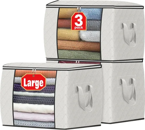 Vista 46 de Fab totes Paquete de 3 bolsas de almacenamiento plegables de tela gruesa, contenedores para organizar dormitorio, armario, ropa, edredón, Beige