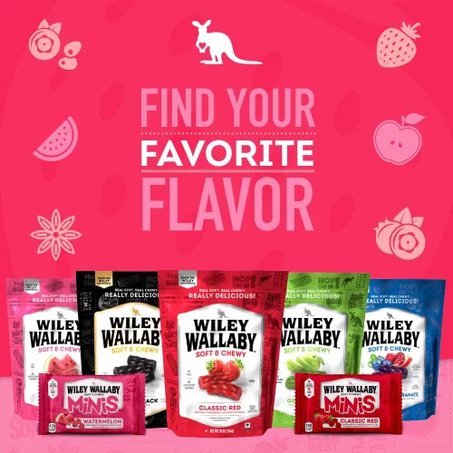 Vista 7 de Wiley Wallaby Mini bocados de regaliz rojo clásico, 2.0 onzas, bolsas de dulces de regaliz australiano suave y masticable, paquete de 18