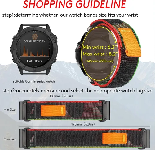Vista 3 de Compatible con Garmin, Banda Deportiva de Nylon de Bucle de Montaña para fēnix/Forerunner/Approach/MARQ/quatix/Serie D2, Banda de Reemplazo Negro