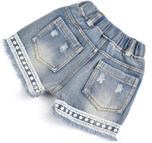 Vista 4 de Conjunto de ropa de chaleco de gasa con perlas y pantalones cortos de mezclilla para bebés de 2 a 7 años