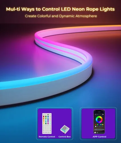 Vista 2 de DeckTok Luces de Cuerda LED de Neón - Control LED Flexible con App/Control Remoto Luces de Cuerda 16.4 Pies Múltiples Modos RGB IP65 Impermeable