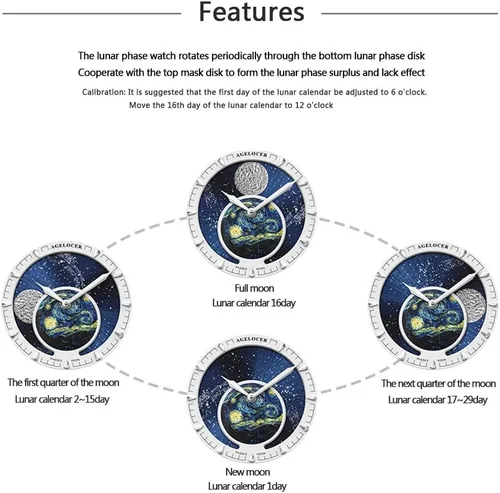 Vista 7 de AGELOCER Top Brand Blue Moon Phase Automático Mecánico Masculino Moda Lujo Muñeca Cuero Casual Reloj de Vestir