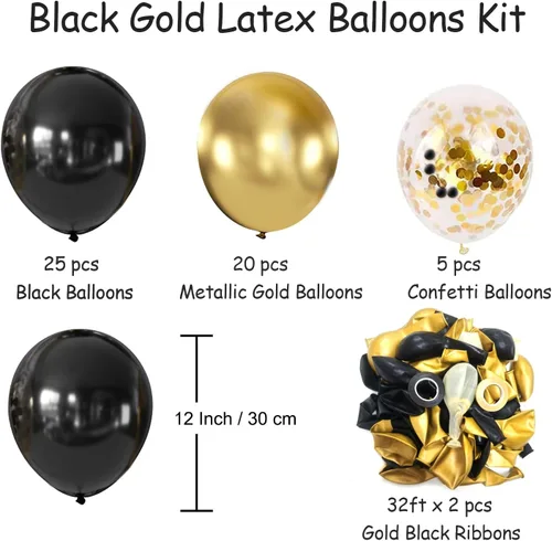 Vista 2 de Globos negros y dorados, 50 globos de confeti negro y dorado de 12 pulgadas, decoraciones de fiesta para cumpleaños, graduación, Año Nuevo, boda