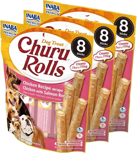 Vista 7 de INABA Churu Rolls - Rollos para perros, sin granos, suaves y masticables al horno envueltos de pollo rellenos de churu, 0.42 onzas cada palito 24