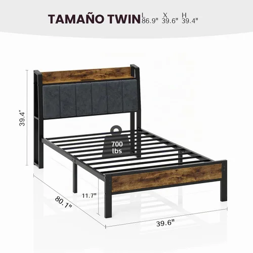 Vista 2 de Liians Base de cama de tamaño individual con cabecera de almacenamiento y estación de carga, luces LED RGB inteligentes, cama de plataforma de metal