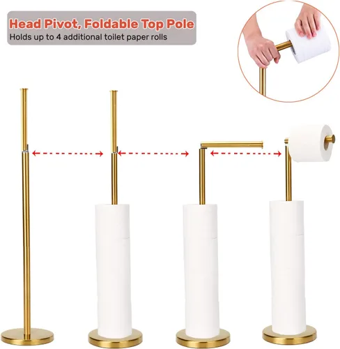 Vista 14 de Soporte de papel higiénico dorado, soporte de papel higiénico independiente con reserva para 4 rollos de repuesto, base resistente, estante
