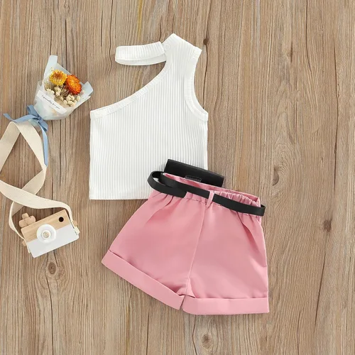 Vista 30 de Adobabirl Conjunto de ropa de verano para niña pequeña, sin mangas, acanalada, top halter y pantalones cortos, ropa de moda para niños con cinturón
