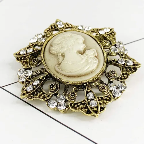 Vista 2 de SELOVO Vintage Lady Maiden Camafeo Broche Pin Set Antiqued Gold Tone, Cristal