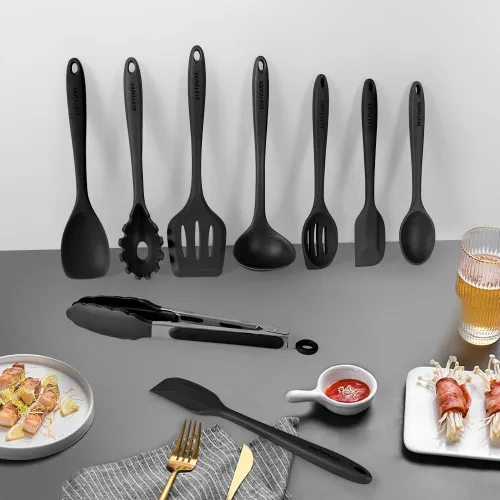 Vista 3 de Juego de utensilios de cocina, 11 utensilios de cocina, utensilios de cocina de silicona coloridos, utensilios de cocina antiadherentes con Negro