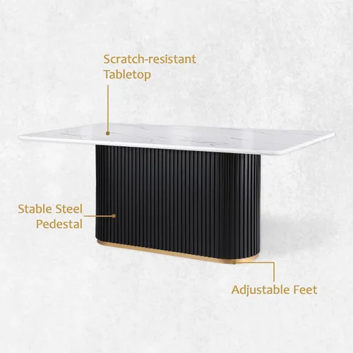 Vista 3 de Juego de mesa de comedor moderno Morden Fort para 4, mesa de cocina de 70" con tapa rectangular de mármol y base estriada negra, 4 sillas tapizadas