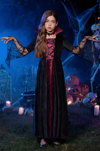 Vista 5 de Disfraz de vampiro de Halloween para niñas, 5 piezas, vestido gótico