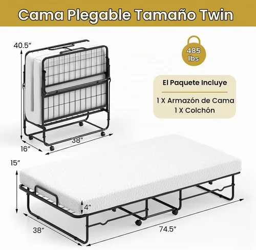 Vista 3 de Giantex Cama plegable individual con colchón, cama portátil enrollable con marco de metal resistente, cama plegable que ahorra espacio con colchón