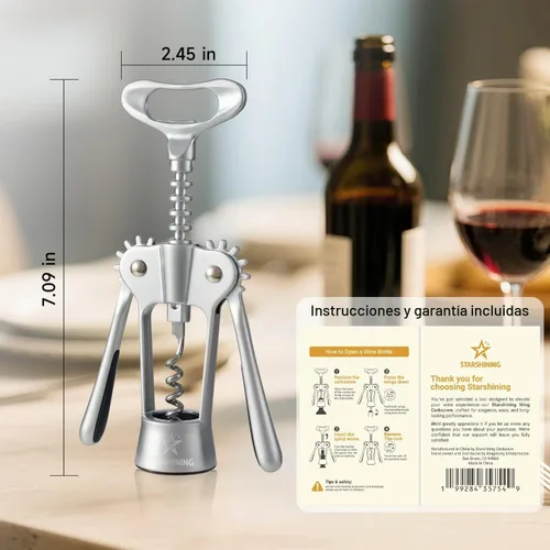 Vista 2 de Abridor de vino, sacacorchos de ala de alta resistencia para botellas de vino, abridor de botellas de vino con tornillo en espiral afilado, asas