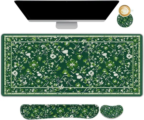 Vista 8 de DINKY Alfombrilla de escritorio con diseño de flor negra, alfombrilla grande para mouse con reposamuñecas, 4 en 1 XXL, reposamuñecas para teclado