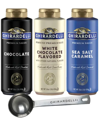 Vista 16 de Ghirardelli 1 - Salsas de caramelo y 2 - salsa de caramelo con sal marina, botellas de presión de 16 oz con cuchara barista estampada