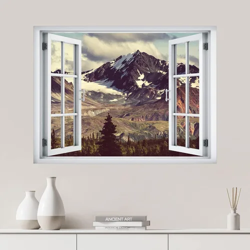 Vista 33 de SIGNWIN Adhesivo de pared removible/Mural de pared Vista de ventana Cordillera nublada Bosque Naturaleza Vida silvestre Fotografía Realismo Paisaje