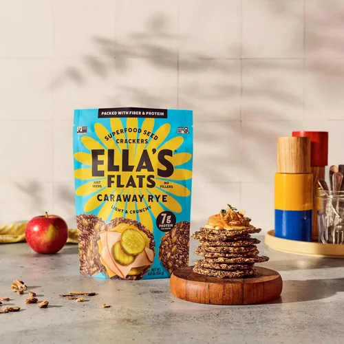 Vista 3 de ELLA'S FLATS® Patatas fritas saladas de todas las semillas, sin gluten, sin azúcar, chip de alto contenido de fibra, aperitivo bajo