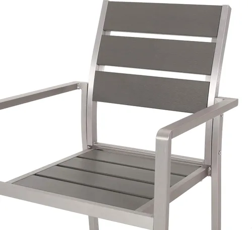 Vista 7 de GDFStudio Silla de comedor de aluminio moderna para exteriores con asiento de madera sintética (juego de 2), gris y plateado