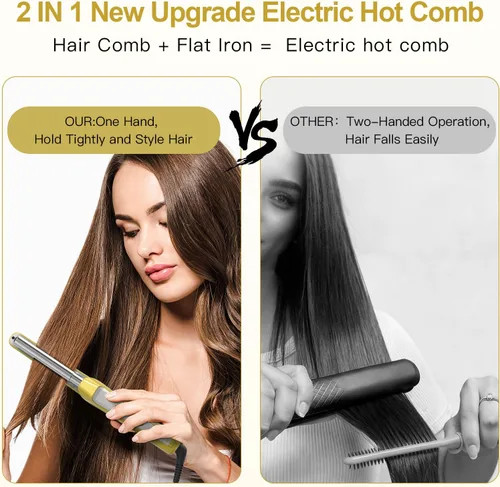 Vista 7 de Peine caliente de titanio en forma de V para pelucas y cabello negro natural, peine de presión de doble voltaje de 100-240 V con 3 ajustes de calor