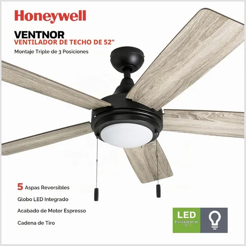 Vista 4 de Honeywell Ventiladores de techo Ventnor, ventilador de techo LED para interiores de 52 pulgadas de estilo granja moderna con luz, interruptor
