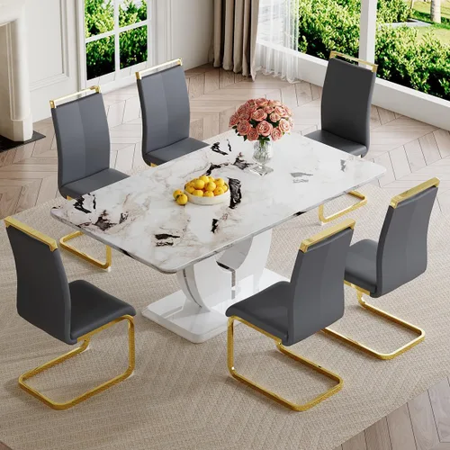 Vista 96 de JUFU Juego de mesa de comedor moderno para 4, juego de mesa de cocina rectangular de 63 pulgadas con mesa de mármol sintético y 4 sillas tapizadas