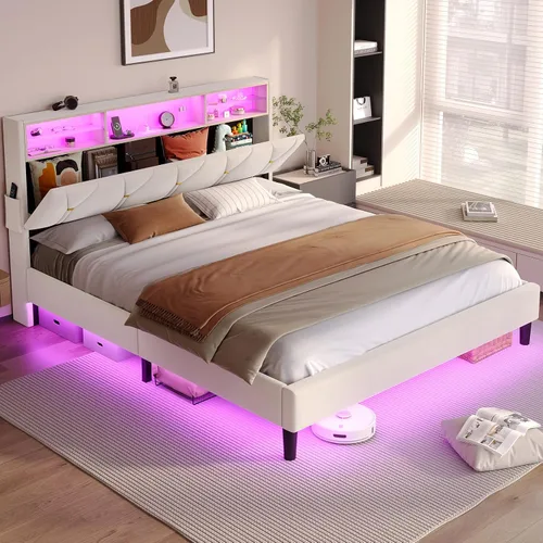 Vista 8 de BTHFST Marco de cama tamaño completo con luces LED y estación de carga, marco de cama LED tamaño completo con almacenamiento de cabecero, cama