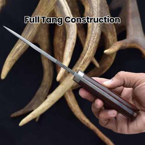 Vista 5 de Knives Ranch Cuchillo de Caza Artesanal de 9-1/2"- Cuchillo de Bushcraft y Campamento de Acero Damasco con Espiga Completa- Mango de Palisandro