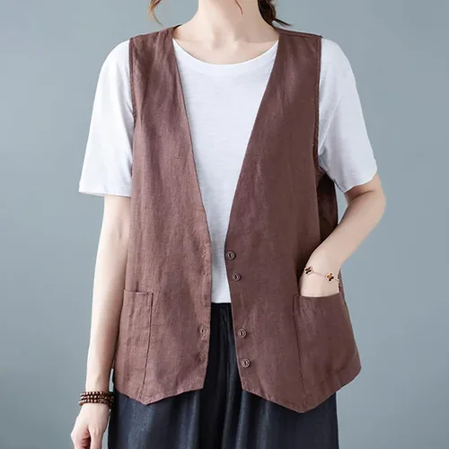 Vista 21 de COTECRAM Chaleco de lino de algodón para mujer, casual, sin mangas, con botones, ligero, para verano, holgado, ropa de abrigo