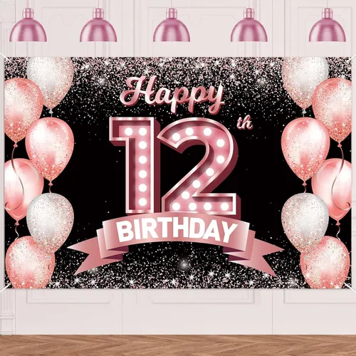 Vista 120 de Cartel de feliz cumpleaños décimo oro rosa, telón de fondo, saludos a 10 años, globos de confeti, decoración temática para niñas de 10 años