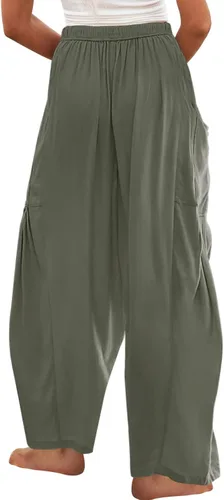 Vista 3 de Yanekop Pantalones de pierna ancha de cintura alta para mujer, holgados, casuales, de lino, palazzo, pantalones de descanso, pantalones de playa