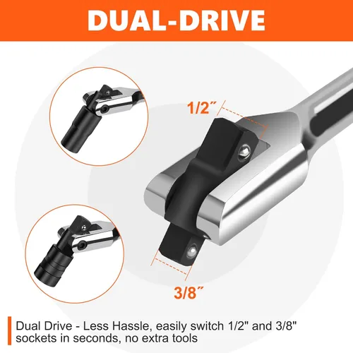 Vista 3 de Matework Barra disyuntora de 3/8" y 1/2" de doble accionamiento, 16 pulgadas de longitud, barra de interruptor resistente con cabezal flexible