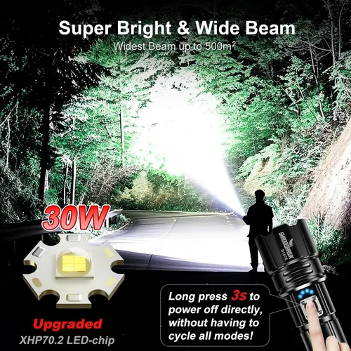 Vista 2 de Linterna 20000 Lúmenes Altos Recargable - Luz LED Flash Súper Brillante de 30W Haz de 5000ft y 12H de Larga Duración USB C Linterna de Policía