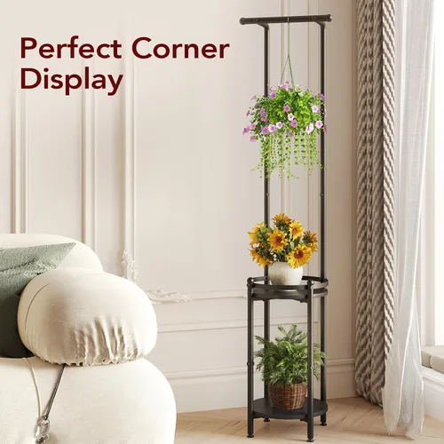 Vista 2 de Homsorout Soporte para plantas para interiores y exteriores, soporte de metal resistente de 2 niveles para plantas colgantes de hierro que ahorra