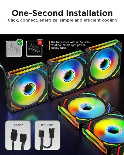 Vista 9 de AsiaHorse COSMIQ - Ventiladores RGB de 120 mm para PC, ventiladores de caja de computadora, ventilador de refrigeración PWM de 5V con conector de 3
