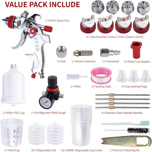 Vista 3 de Pistola pulverizadora HVLP con 10 tazas desechables de pintura de 600ML, kit de pistola pulverizadora de alimentación por gravedad para automóviles
