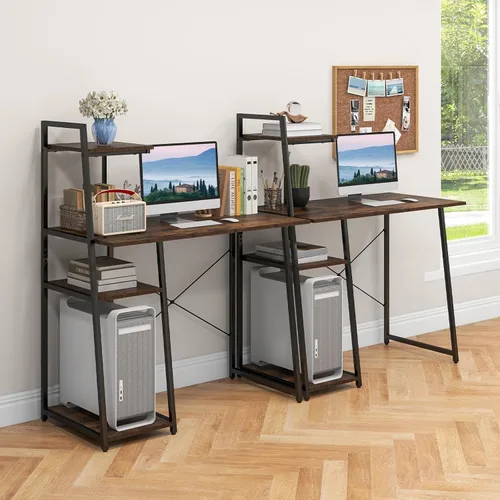 Vista 9 de COSTWAY Escritorio para computadora con estantes de almacenamiento de 4 niveles, mesa de escritorio de oficina en casa con marco resistente