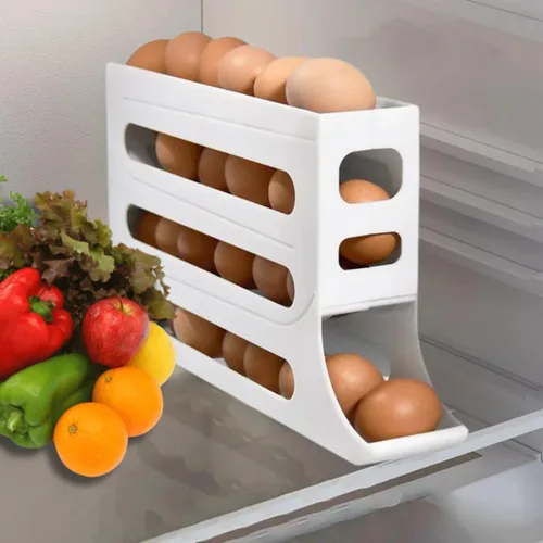 Vista 4 de Soporte para huevos con ruedas automáticas para refrigerador, estante organizador de refrigerador (blanco)