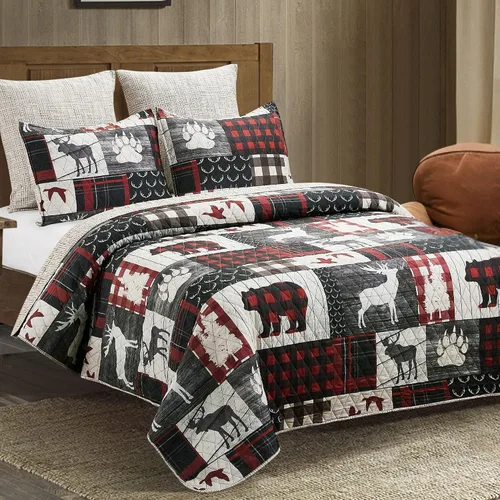 Vista 21 de Virah Bella Juego de ropa de cama King Lodge de 3 piezas, juego de edredón reversible rústico con fundas de almohada decorativas, panel familiar
