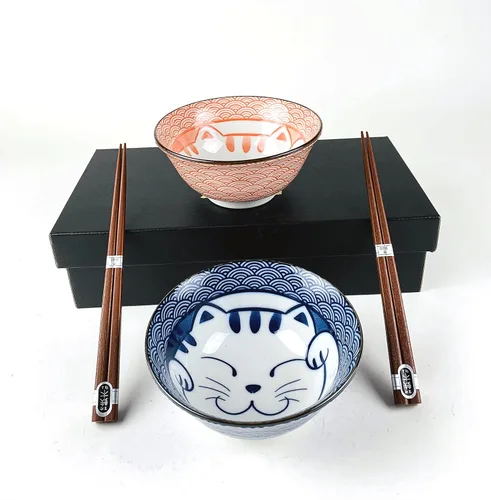 Vista 10 de JapanBargain 4689 - Juego de 2 cuencos y palillos de porcelana japonesa, cuencos de arroz y tazones de sopa, caja de regalo, fabricado en Japón