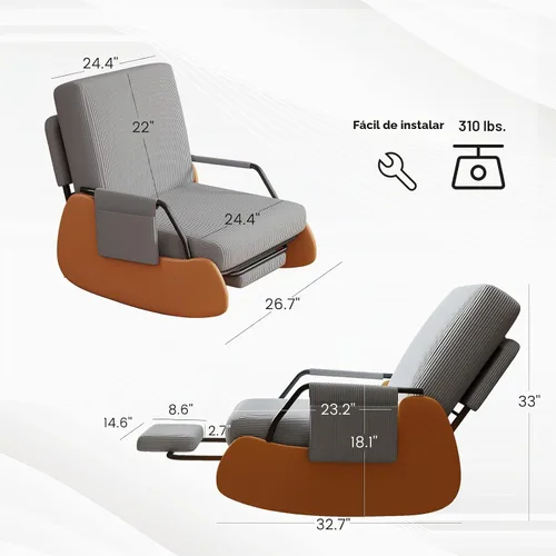 Vista 2 de Furniliving Moderna mecedora, silla mecedora tapizada para guardería con reposapiés reclinable ajustable y retráctil, cómoda silla de descanso